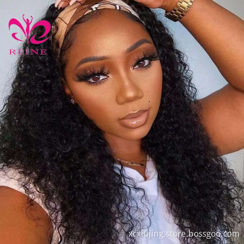 Full Cuticle Curly Headband Wigs Human Hair GlueLess None Lace 10A Virgin Peruvian Head Band double drawn human hair wigs